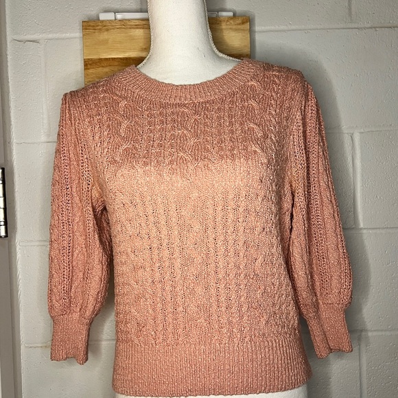Free People Pink Villa Cable Sweater Size XS 3/4 sleeve - Picture 2 of 8